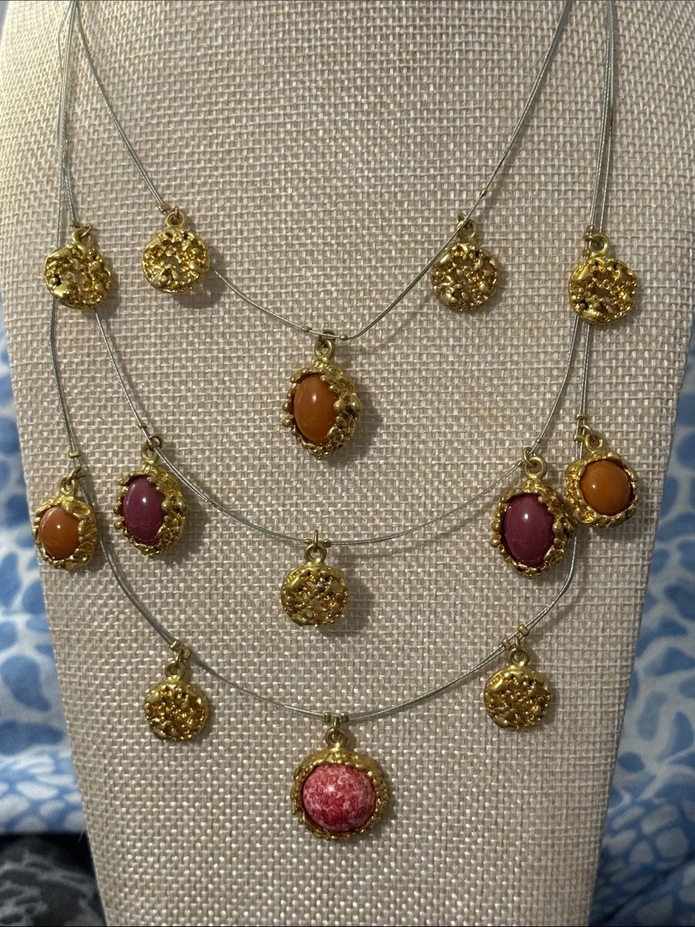 Chico's Layered Gold Disc Necklace with Pink and Orange Stones